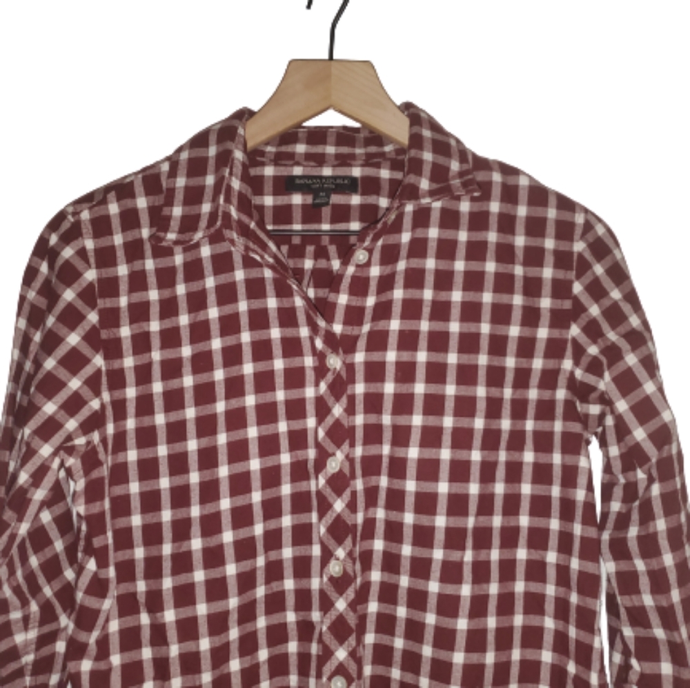 Banana Republic Wmns Flannel Plaid Shirt Maroon M - Picture 2 of 4